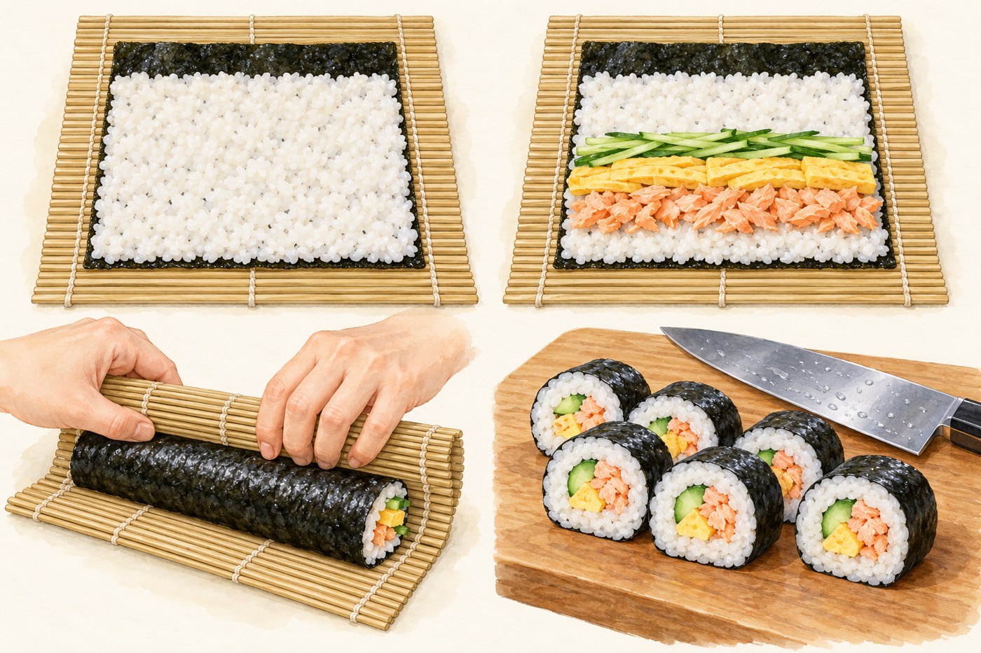 海苔にごはんと具を置き、巻きすで巻いて切る4段階