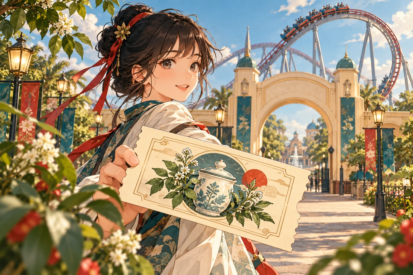 アニメとテーマパークのコラボレーションを表す創作イラスト