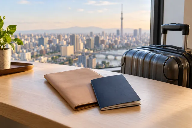 日本の街を背景にした旅券と旅行鞄のイメージ