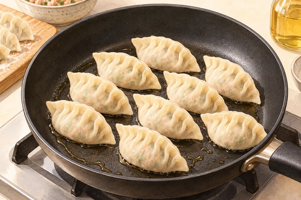 餃子の底を下にしてフライパンに並べる